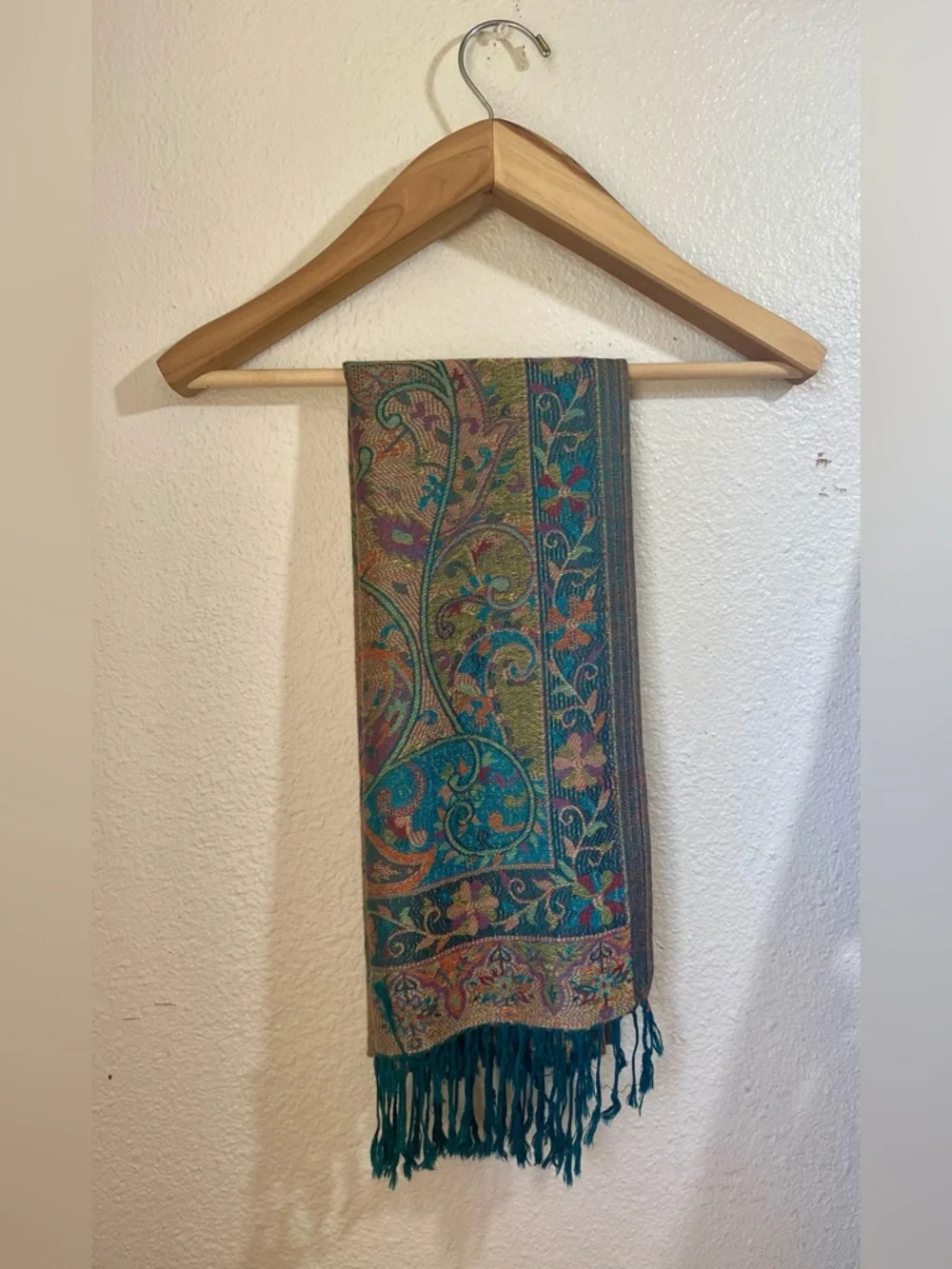 Oversized Paisley Fringe Tapestry Scarf Shawl Fairycore Teal Copper